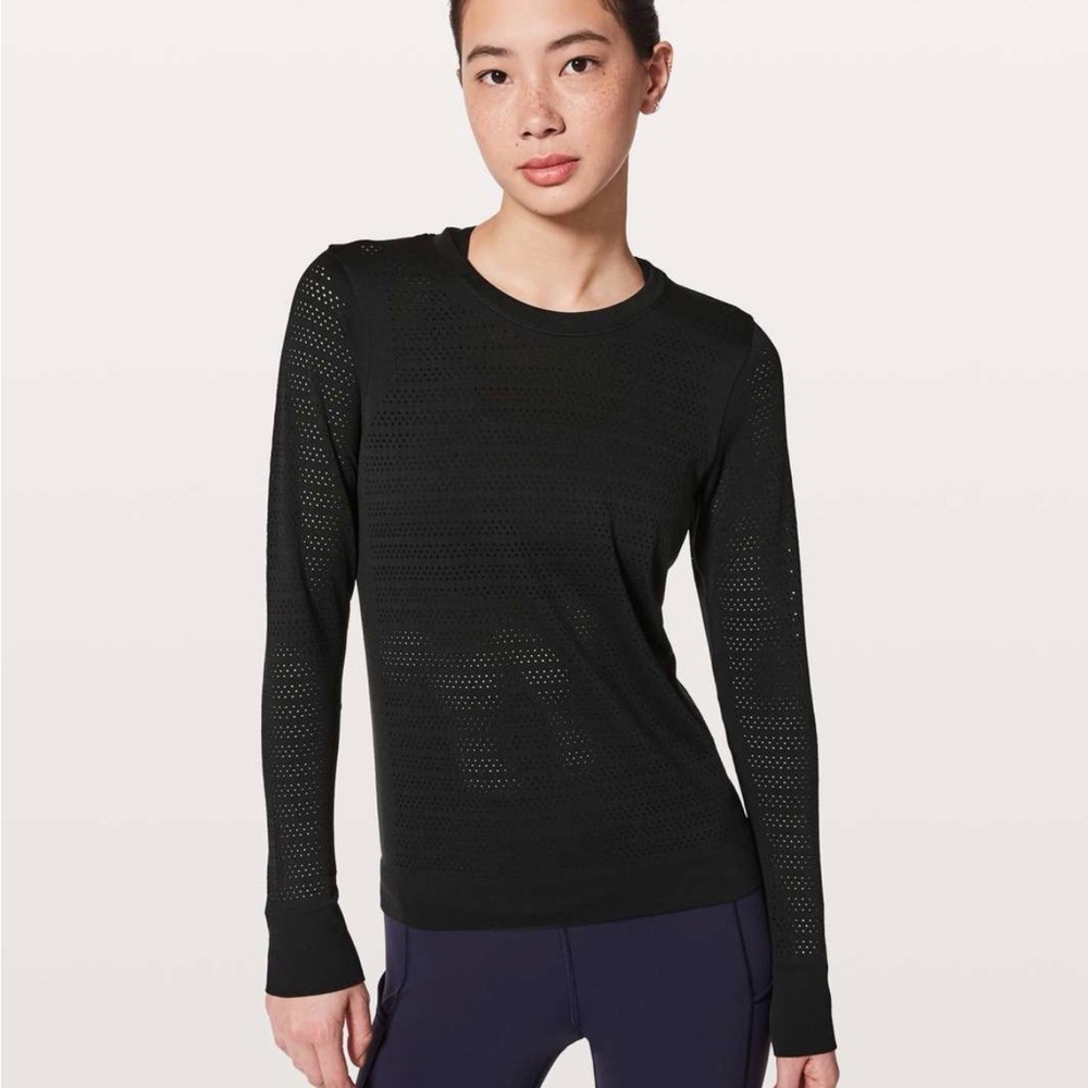 Lululemon Breeze By Lightweight Black Long-Sleeve Perforated Crewneck Top